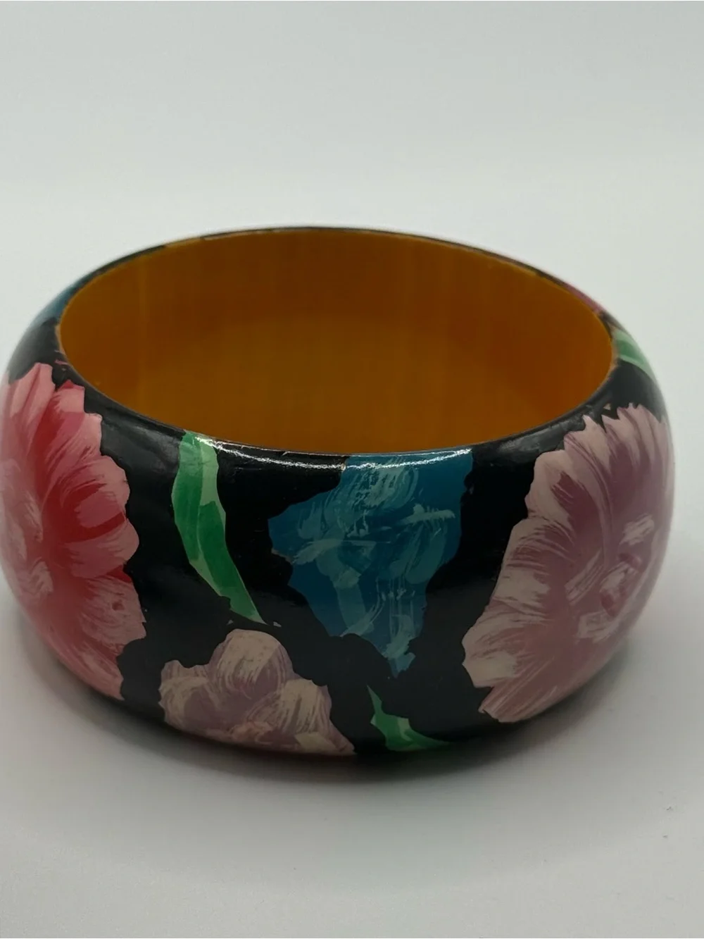 Black Floral Painted Cuff Bracelet in Pink and Green